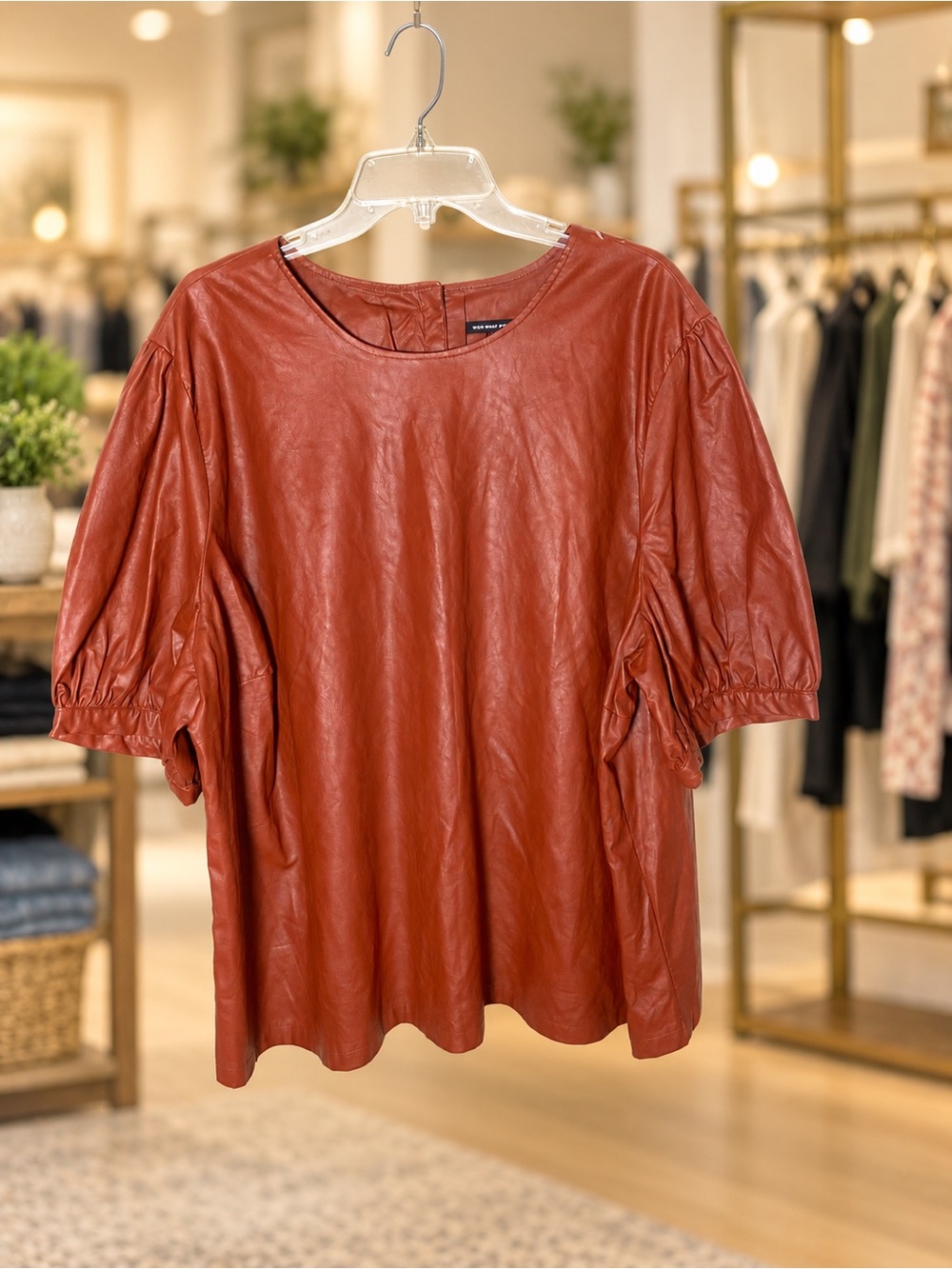 WHO WHAT WEAR Rust Faux-Leather Puff Sleeve Blouse